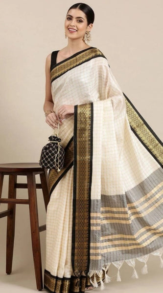 Mayawye Women's Cotton Silk Checkered Saree With Unstitched Blouse 5.5Mtr (Black)