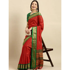 Mayawye Women's Cotton Silk Checkered Saree With Unstitched Blouse 5.5Mtr (Red)
