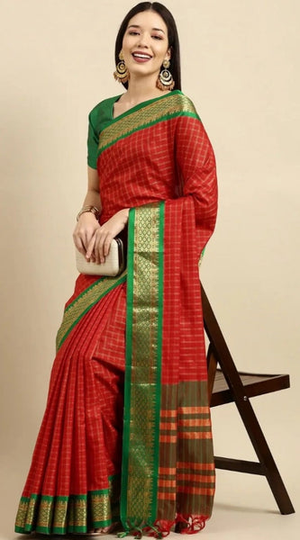 Mayawye Women's Cotton Silk Checkered Saree With Unstitched Blouse 5.5Mtr (Red)