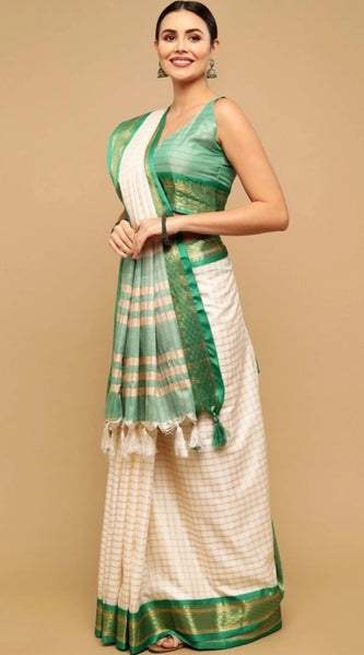 Mayawye Women's Cotton Silk Checkered Saree With Unstitched Blouse 5.5Mtr (Green)