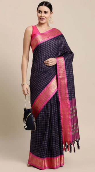 Mayawye Women's Cotton Silk Checkered Saree With Unstitched Blouse 5.5Mtr (Navy Blue)