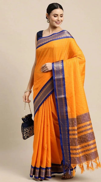 Mayawye Women's Cotton Silk Checkered Saree With Unstitched Blouse 5.5Mtr (Gold)