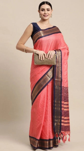 Mayawye Women's Cotton Silk Checkered Saree With Unstitched Blouse 5.5Mtr (Pink)