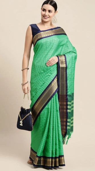 Mayawye Women's Cotton Silk Checkered Saree With Unstitched Blouse 5.5Mtr (Green)