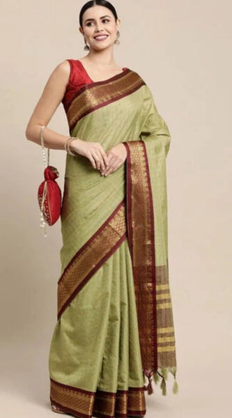 Mayawye Women's Cotton Silk Checkered Saree With Unstitched Blouse 5.5Mtr (olive)