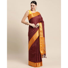 Mayawye Women's Cotton Silk Checkered Saree With Unstitched Blouse 5.5Mtr (Coffee)