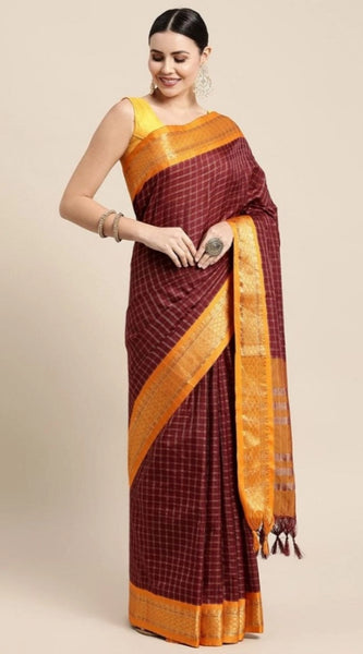 Mayawye Women's Cotton Silk Checkered Saree With Unstitched Blouse 5.5Mtr (Coffee)