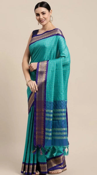 Mayawye Women's Cotton Silk Checkered Saree With Unstitched Blouse 5.5Mtr (Firoji)