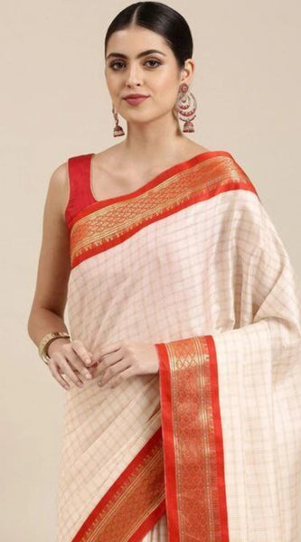 Mayawye Women's Cotton Silk Checkered Saree With Unstitched Blouse 5.5Mtr (Red)