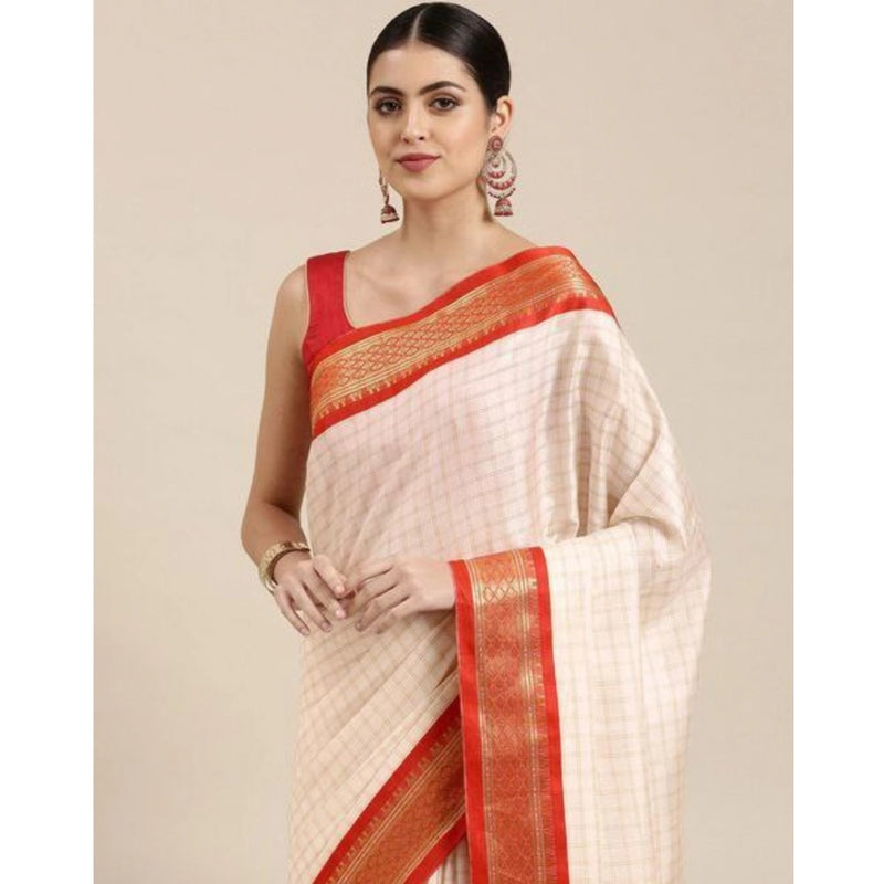 Mayawye Women's Cotton Silk Checkered Saree With Unstitched Blouse 5.5Mtr (Red)