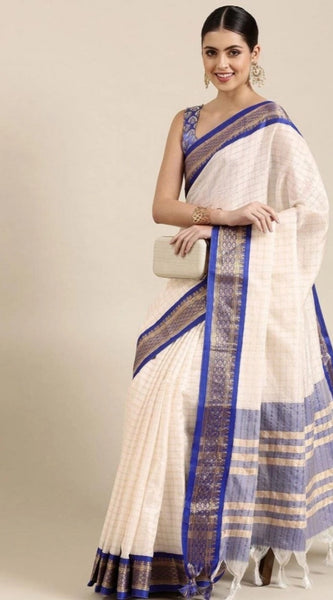 Mayawye Women's Cotton Silk Checkered Saree With Unstitched Blouse 5.5Mtr (R Blue)