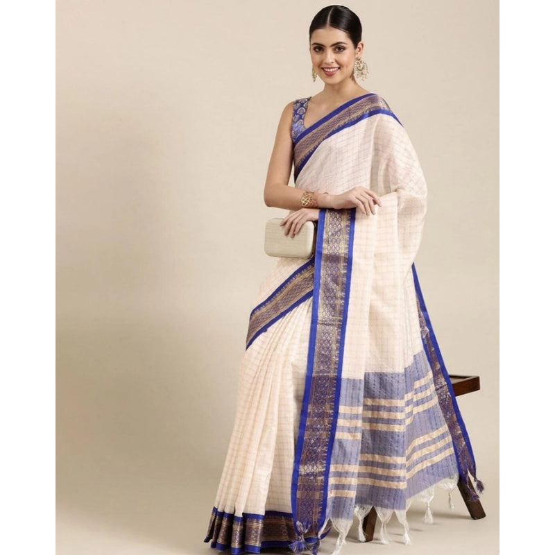 Mayawye Women's Cotton Silk Checkered Saree With Unstitched Blouse 5.5Mtr (R Blue)