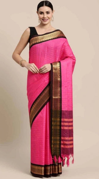 Mayawye Women's Cotton Silk Checkered Saree With Unstitched Blouse 5.5Mtr (Rani Black)