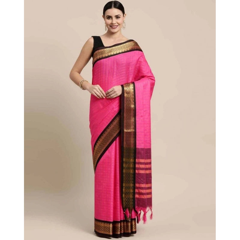 Mayawye Women's Cotton Silk Checkered Saree With Unstitched Blouse 5.5Mtr (Rani Black)