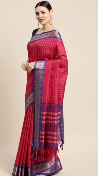 Mayawye Women's Cotton Silk Checkered Saree With Unstitched Blouse 5.5Mtr (Red)