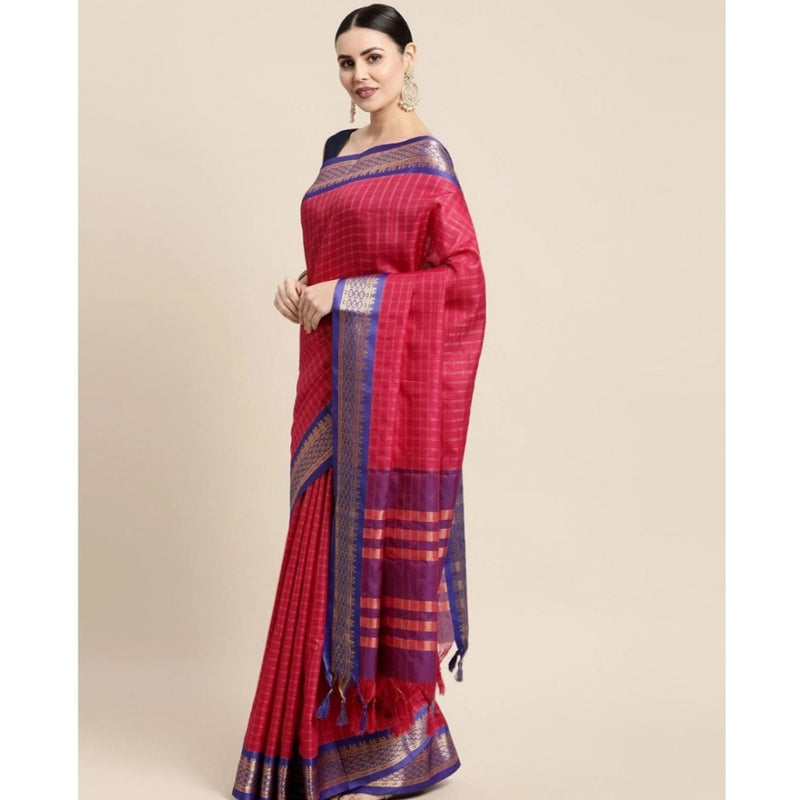 Mayawye Women's Cotton Silk Checkered Saree With Unstitched Blouse 5.5Mtr (Red)