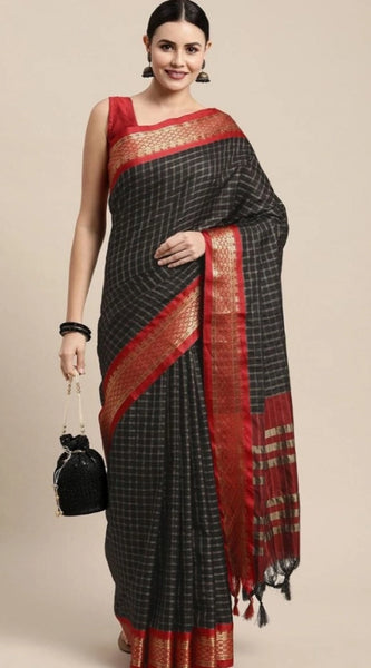 Mayawye Women's Cotton Silk Checkered Saree With Unstitched Blouse 5.5Mtr (Black)