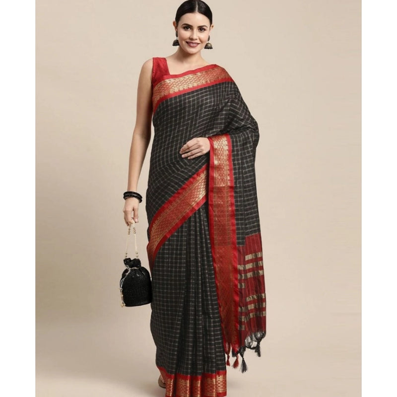 Mayawye Women's Cotton Silk Checkered Saree With Unstitched Blouse 5.5Mtr (Black)