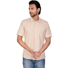 Mayawye Men's Casual Cotton Half Sleeve Solid Shirt (Beige)