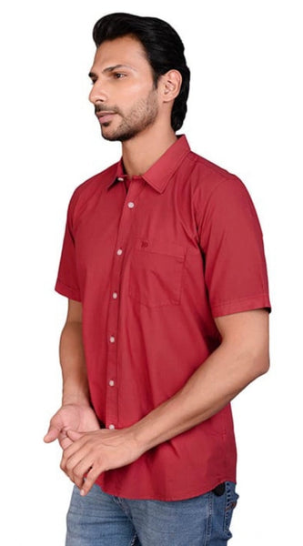 Mayawye Men's Casual Cotton Half Sleeve Solid Shirt (Red)