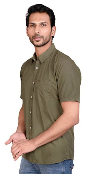 Mayawye Men's Casual Cotton Half Sleeve Solid Shirt (Green)