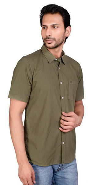 Mayawye Men's Casual Cotton Half Sleeve Solid Shirt (Green)
