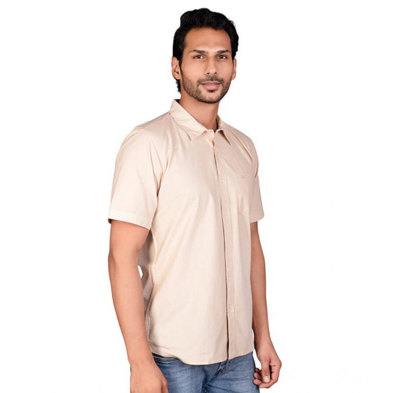 Mayawye Men's Casual Cotton Half Sleeve Solid Shirt (Beige)