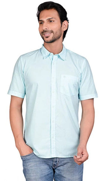 Mayawye Men's Casual Cotton Half Sleeve Solid Shirt (Turquoise)