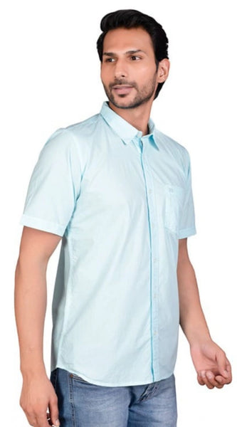 Mayawye Men's Casual Cotton Half Sleeve Solid Shirt (Turquoise)