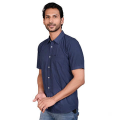 Mayawye Men's Casual Cotton Half Sleeve Solid Shirt (Navy)