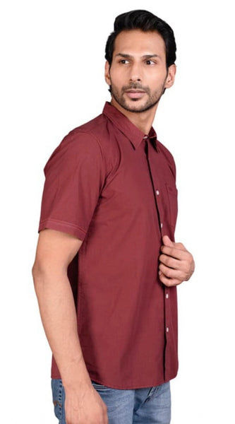 Mayawye Men's Casual Cotton Half Sleeve Solid Shirt (Maroon)
