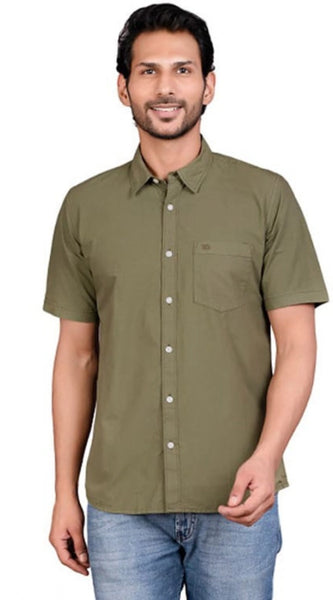 Mayawye Men's Casual Cotton Half Sleeve Solid Shirt (Green)