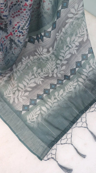 Mayawye Women's Linen Digital Print Saree With Unstitched Blouse 5.5Mtr (Grey)