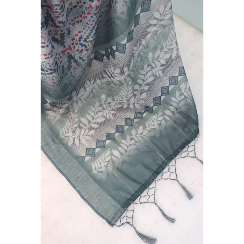 Mayawye Women's Linen Digital Print Saree With Unstitched Blouse 5.5Mtr (Grey)