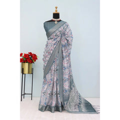 Mayawye Women's Linen Digital Print Saree With Unstitched Blouse 5.5Mtr (Grey)