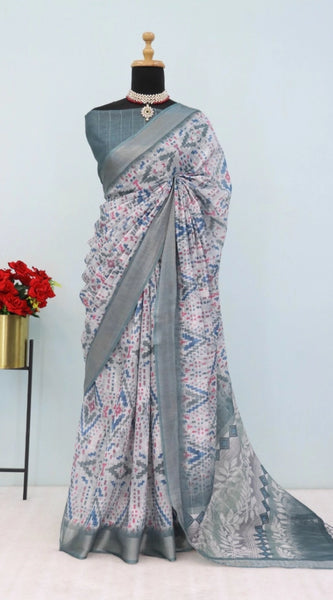 Mayawye Women's Linen Digital Print Saree With Unstitched Blouse 5.5Mtr (Grey)