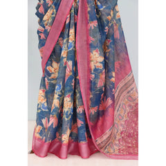 Mayawye Women's Linen Digital Print Saree With Unstitched Blouse 5.5Mtr (Blue)