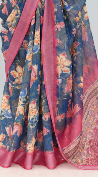 Mayawye Women's Linen Digital Print Saree With Unstitched Blouse 5.5Mtr (Blue)