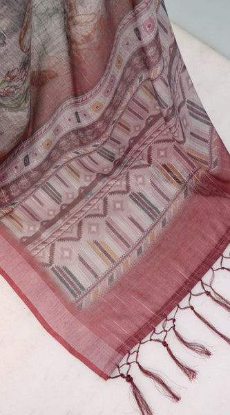 Mayawye Women's Linen Digital Print Saree With Unstitched Blouse 5.5Mtr (Multicolor)