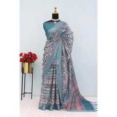 Mayawye Women's Linen Digital Print Saree With Unstitched Blouse 5.5Mtr (Green)