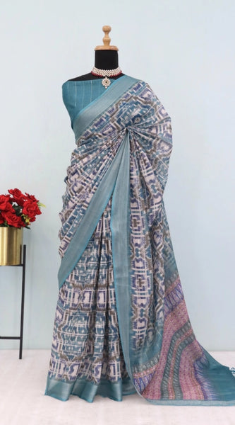 Mayawye Women's Linen Digital Print Saree With Unstitched Blouse 5.5Mtr (Green)