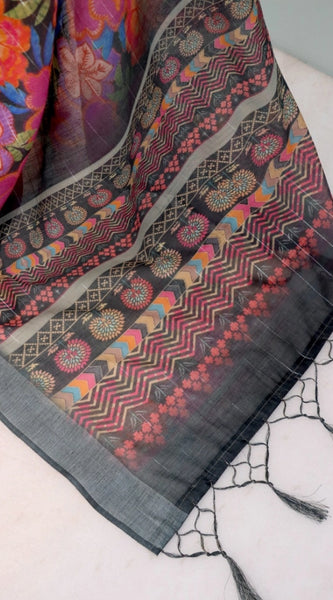 Mayawye Women's Linen Digital Print Saree With Unstitched Blouse 5.5Mtr (Grey)