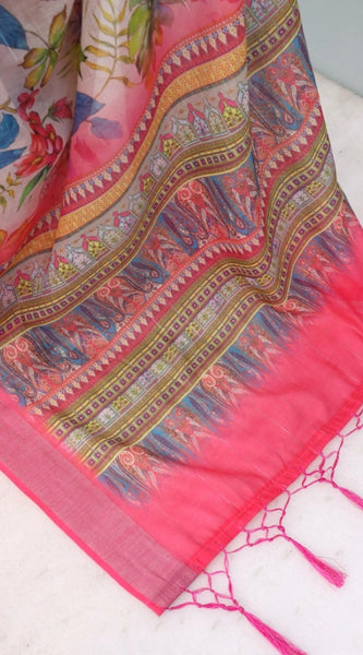 Mayawye Women's Linen Digital Print Saree With Unstitched Blouse 5.5Mtr (pink)