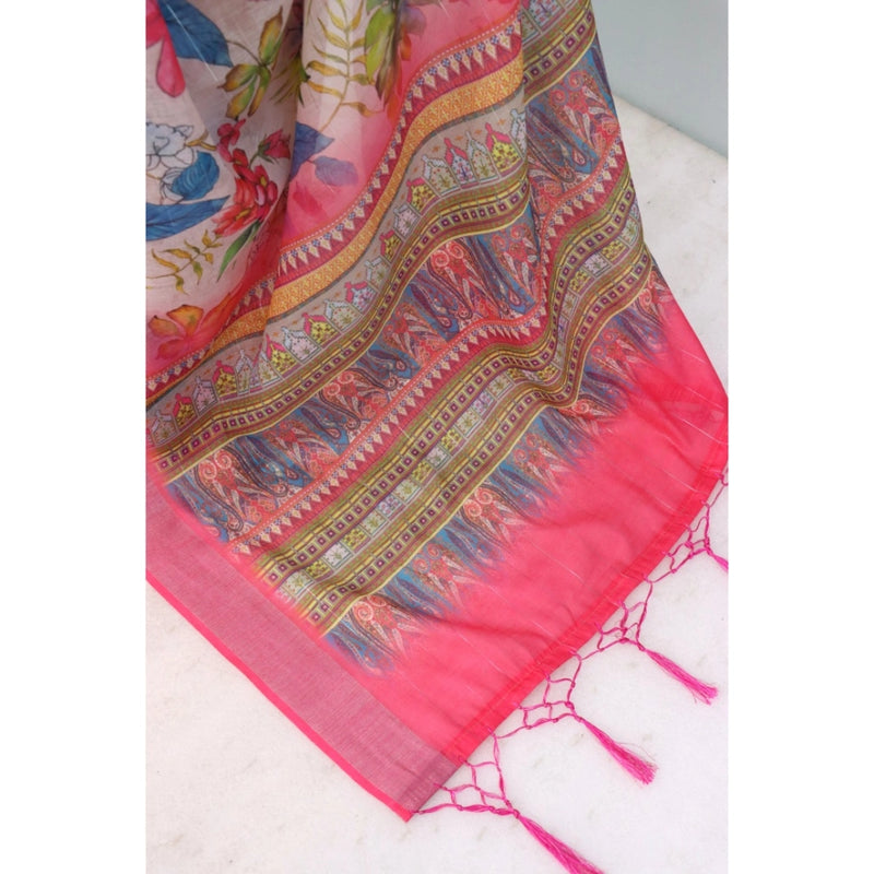 Mayawye Women's Linen Digital Print Saree With Unstitched Blouse 5.5Mtr (pink)