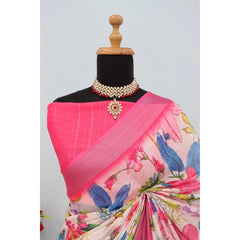 Mayawye Women's Linen Digital Print Saree With Unstitched Blouse 5.5Mtr (pink)
