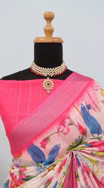 Mayawye Women's Linen Digital Print Saree With Unstitched Blouse 5.5Mtr (pink)