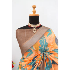 Mayawye Women's Linen Digital Print Saree With Unstitched Blouse 5.5Mtr (Green)