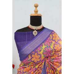Mayawye Women's Linen Digital Print Saree With Unstitched Blouse 5.5Mtr (Multicolor)