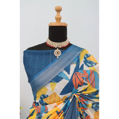 Mayawye Women's Linen Digital Print Saree With Unstitched Blouse 5.5Mtr (Multicolor)