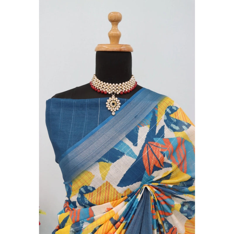 Mayawye Women's Linen Digital Print Saree With Unstitched Blouse 5.5Mtr (Multicolor)